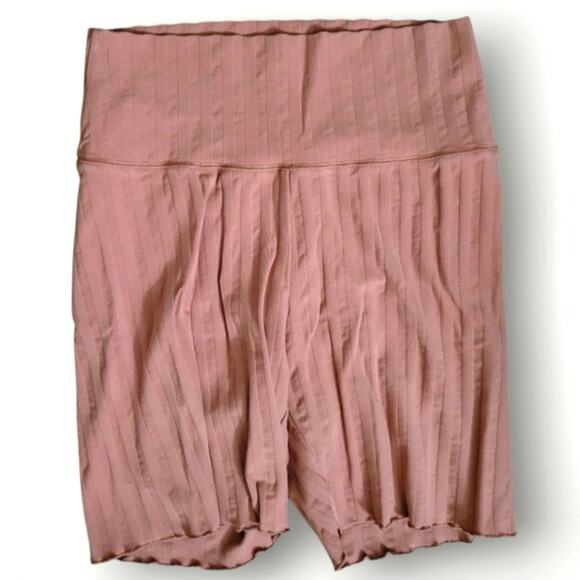 Aerie Offline 2 Piece Workout Set Size Large L Pink Top Shorts Ribbed Stretch - Picture 3 of 7